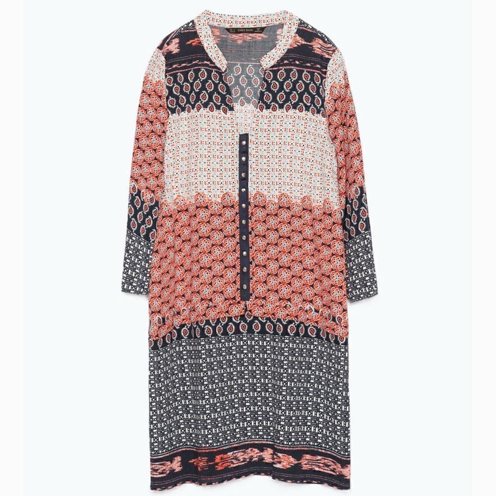 Zara Basic Moroccan Printed Blue/ orange pattern Tunic Dress Size Small